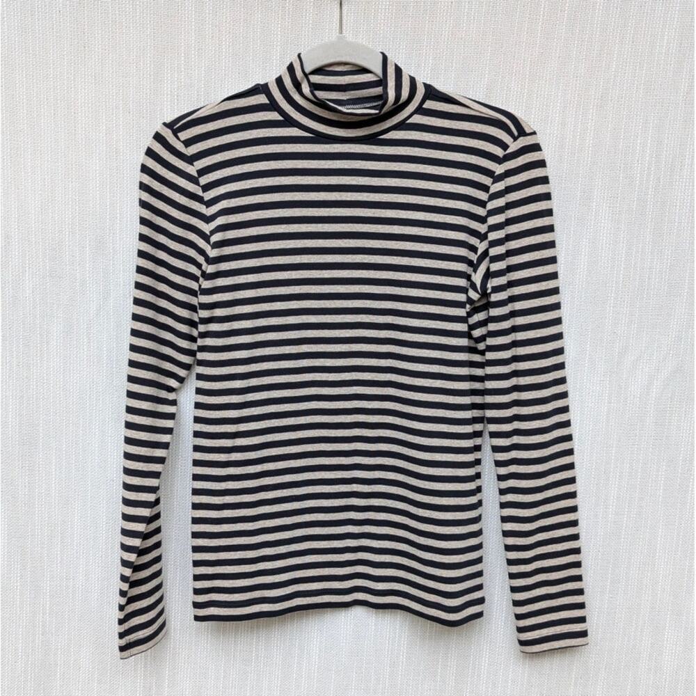 Muji Black/Cream Cotton Striped Turtleneck Long Sleeve Top, size S